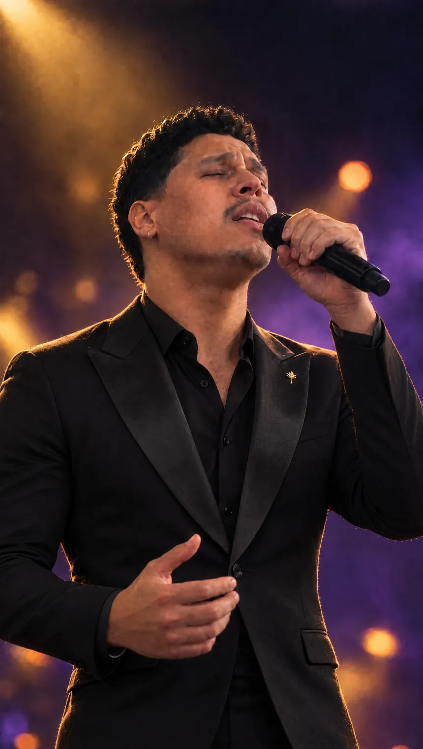 MADVocalz, the Season 3 champion, singing on stage in a black suit